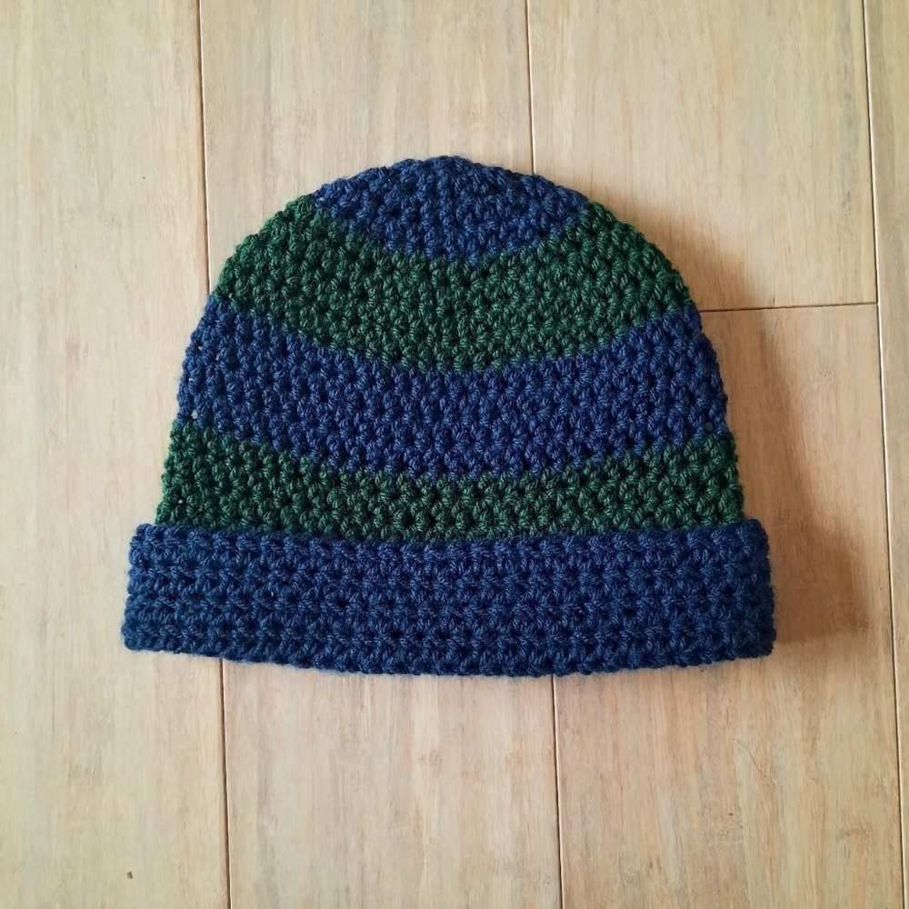 Crochet Beanie (navy & emerald stripes)
